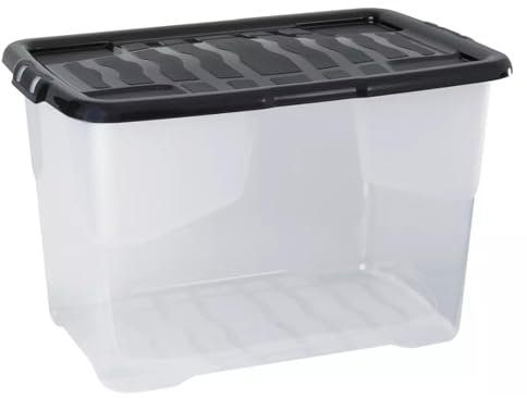 Strata 5 x 65L Curve Plastic Storage Box with Black Lid - Stackable, Clear, and Durable Container for Home and Office Organization (41cm H x 39cm W x 60cm D)