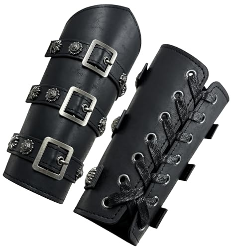 HiiFeuer Mittelalterliche PU Leder Schnalle Armschienen, Ritter LARP Retro Renaissance Armschützer, Einheitsgröße Ein Paar