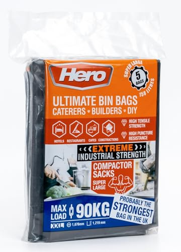 Hero Ultimate 158L Heavy Duty Bin Bags – 5 Pack Extra Large Rubbish Sacks – 90kg Load Capacity – Industrial, Builders, Garden & Commercial Refuse Sacks – Eco Recycled Plastic