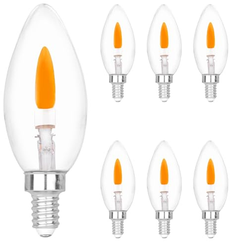 HEWA-Tech E12 Base (Miniature Screw) C35 Flame Tip Flicker Bulbs - Crystal Clear Candle Light with Orange Glow Effect for Halloween， E12 Non-Dimmable Chandelier Replacement Bulbs, 6-Pack