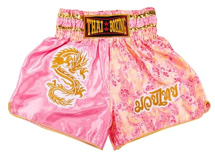 MUAY NATION Muay Thai Shorts for Men Women Slim Cut MMA Boxing Shorts Training Kickboxing Clothing Martial Arts Trunks (XL, Dragon Pink)