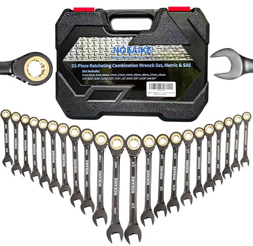 NOEAIKE Juego de 22 llaves de trinquete, dientes antideslizantes, juego de llaves combinadas de trinquete métricas de 6 a 18 mm y SAE de 1/4 a 3/4 pulgadas con caja organizadora, galvanoplastia de