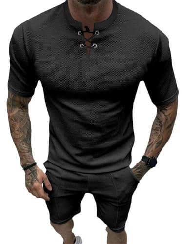 ZEMALON Sportshirt Herren Streatwear Trainingsanzüge Für Herren 2-Teiliges Set Herren Casual Mode Sportanzug Herren Klassisch Trend T-Shirts Für Herren Set F-Black2 S