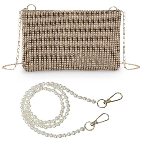 ZGDEIWGF 1 bolso de diamantes One-Shoulder, 1 collar de perlas, bolso de mujer brillante, bolso dorado, clutch de mujer, dorado, talla única