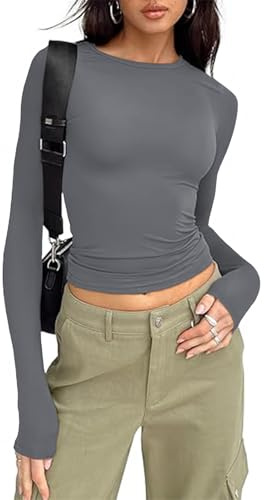 OOHOKAY Damen Langarmshirt Basic Oberteile Y2K Slim Fit Klassischer Tshirt Langärm Crop Tops