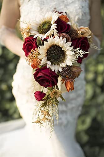 22,9 cm Sonnenblumen-Hochzeitssträuße für die Braut, künstliche Blumen, Rose, Brautstrauß, rustikaler Wurfstrauß für Hochzeitszeremonie, Party, Kirche, Dekoration, schönes Blumenarrangement für