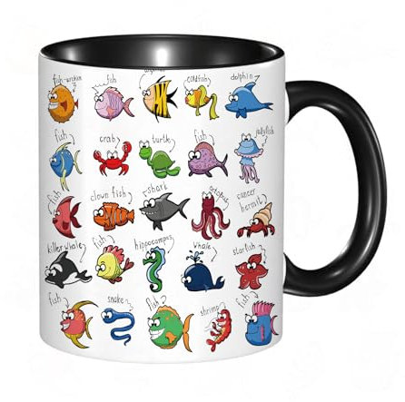 EKLMPS Tazas de Café,Taza de Cerámica para Té y Café,330ml/11oz,Regalos original,Aniversarios,nupical,desayuno,Románticos,Muchos peces de dibujos animados