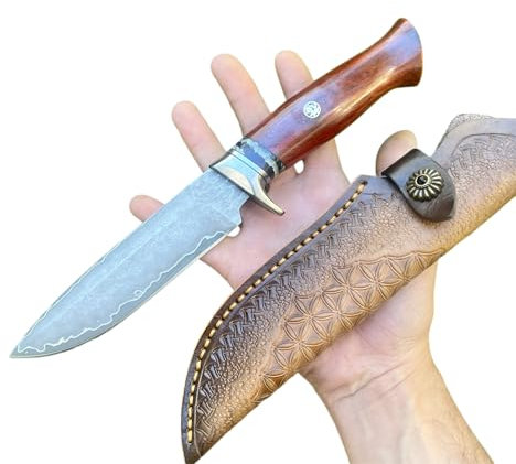 Obespina Couteau Artisanal Lame Damas 5 Couches Nickel Damascus, Fait Main Insert Fossile Tranchant Manche bois De Fer Collection Cadeau Homme custom forge artisanat camping étui cuir