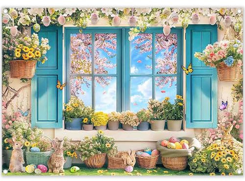 Luminora 2,1 x 1,5 m tyg vårfönster landskap bakgrund blomma kanin påsk färgglada ägg fotografi bakgrund barn vuxna festdekorationer fotobås rekvisita