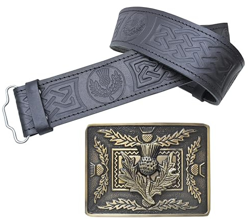 Leather Kilt Belt and Buckle Set, Scottish Thistle Embossed Belt with Silver Antique Celtic Knot Buckles Crafted Pewter – Kilt Belts For Men (Thistle Crest - Brass Antique, Large, 38-42 Inch)