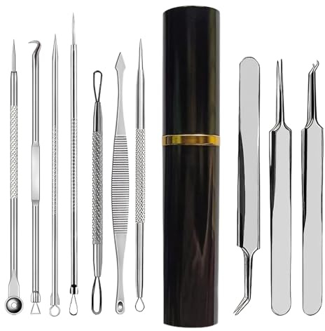 Pickel Ausdrücken Werkzeug Set,10 Stücke Mitesser Entferner,Mitesser Pinzette für Nasen & Gesicht,Geeignet für Akne im Gesicht und Mitesser auf der Nase,Inkl.Aufbewahrungsbox(Edelstahl,Schwarz)