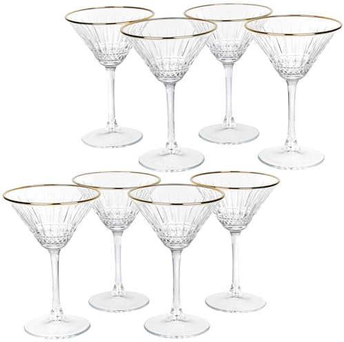 Queensway Home & Dining Long Stemmed Martini Cocktail Glasses, 220ml with Delicate Gold Rim, Elegant Clear Glass for All Occasions, Gift-Boxed, Set of 8