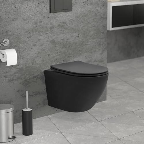 LuxeBath WC Suspendu sans Rebord Court 49 cm Noir Mat, en Céramique Effet Lotus, Nano-Revêtement, avec Siège Amovible en Duroplast Softclose, Toilette Murale Cuvette à Chasse d'eau Profonde