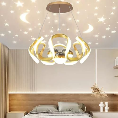 Lámpara colgante LED moderna, diseño de arco, proyección de estrellas y luna, iluminación de techo Lámpara colgante de interior para sala de estar, dormitorio, comedor (Cinturón dorado 3 bolas)