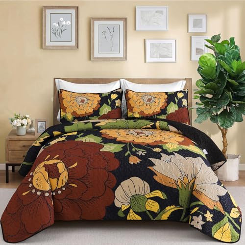 Floral Quilt Set California King Size Black Boho Bedspread Coverlet Set, 3 Piece Botanical Quilt Soft Microfiber Farmhouse Floral Bohemian Bedding Set with 2 Pillowcases for All Season, 112''x96''