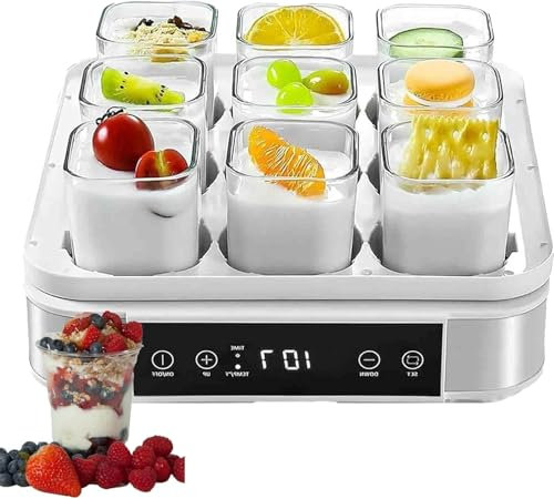 Yogurtiera Elettrica/Yogurtiera Automatica/Macchina per Yogurt Automatica con 9 Barattoli in Vetro, Display LED, Timer, Controllo Temperatura e Tempo per Yogurt Biologico Fatto in Casa