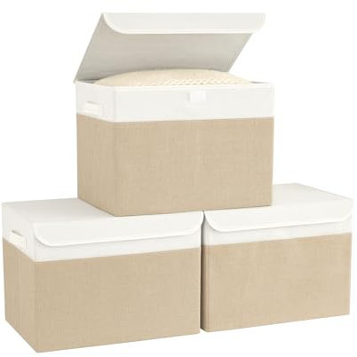 Bagnizer Storage Baskets Bins Foldable with Lids 3PCS Collapsible Wardrobe Storage Boxes Lightweight Storage Box Fabric for Organize Large Box Bedroom Office White&Beige 37x24x24CM