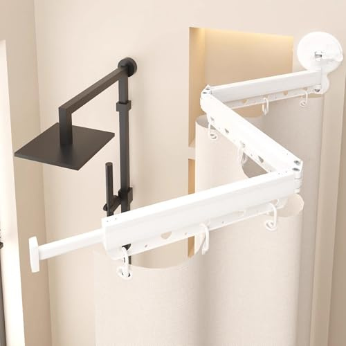 Barra de Cortina de Ducha Esquina Plegable con Ventosa - Sin Taladro, Cortina de Ducha Tela Impermeable Antimoho con Anillos, Ángulo Ajustable, Altura 180 cm, Extensible(Light Gray,95 cm/37.4 in)