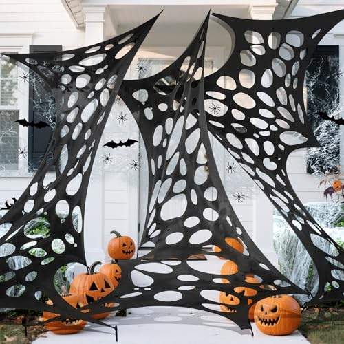 1360 Sqft Cuttable Halloween Spider Web Decoration-Black Stretchable Spooky Gauze Cobwebs-Giant DIY Beef Netting Halloween Spider Webs with Fake Spiders Bats for Yard Garden Party Decor