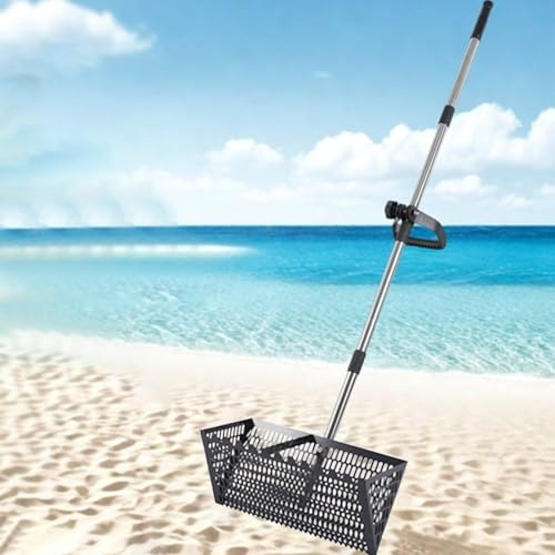 Rastrillo de arena de acero inoxidable, tamiz de arena de roca con cesta ancha de dientes de tiburón de 15.8 pulgadas, tamiz de dientes de tiburón de playa con mango largo desmontable para peinar la