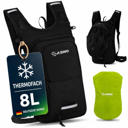 SASMO Mochila de Ciclismo 8 L: Bolsa Ligera MTB y Esquí con Compartimento Térmico, Red de Casco y Funda Lluvia, Negro
