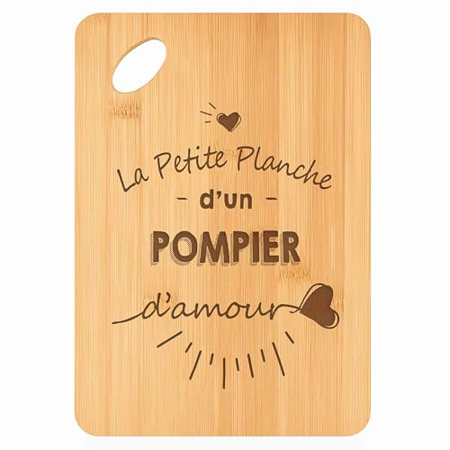 Planche à découper Pompier d'amour - Plateau Apéro en Bambou Cadeau Gravé Collègue Homme Métier Cuisine Barbecue