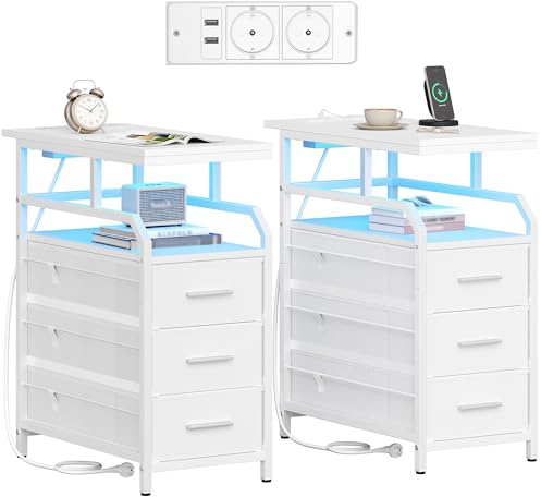 HEXCELEN Beistelltisch, 2er Set, Nachttisch Schmal, Weiß | Nachttisch mit 3 Schubladen und 1 Offenen Fach, Sofatisch, für Schlafzimmer, Wohnzimmer, 60 × 30 × 66,6 cm, Modern