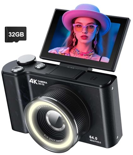 W & O Appareil photo numérique 4K pour enfants, Y2K CCD avec carte SD 32 Go, écran rabattable à 180 ° pour photographie avec lumière de remplissage, appareils photo numériques pour débutants (noir)