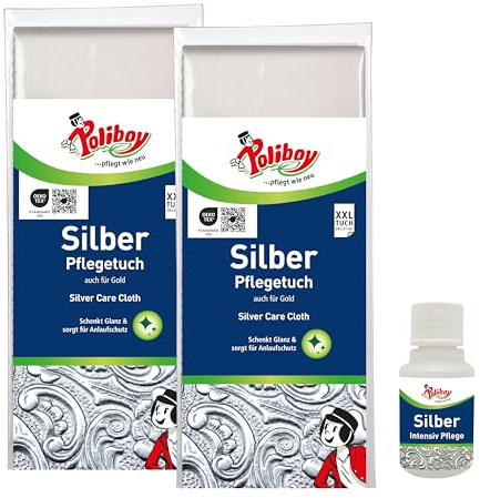 POLIBOY Silber Pflegetuch – Silberputztuch gegen Anlaufstellen, schenkt neuen Glanz – Silberpoliertuch für Besteck und Schmuck – 2x 1 Tuch - inkl. Produktprobe - Made in Germany