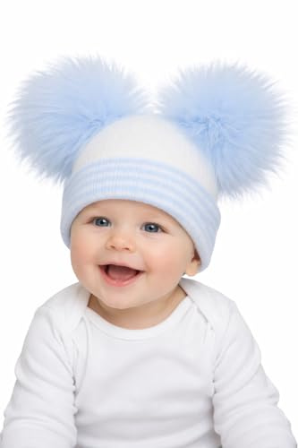 SOHOBABY British Made Baby Hat with Double Faux Fur Pom Poms, Knitted Newborn Beanie, Soft Stretch Winter Hat for Baby Boy & Baby Girl, Acrylic Bobble Hat, Newborn Gift, 0-3 Months