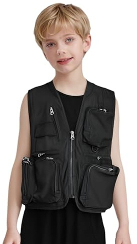 Eandarui Chaleco de safari para niños varones con muchos bolsillos prácticos, chaleco de trabajo funcional, chaleco para exteriores/chaleco de pesca con cremallera, Negro , 128-152