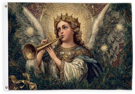 Bandiere di angelo per esterni, vintage tromba di Natale reale di Natale dorato decorativo per esterni con occhiello decorazione per giardino, ingresso, casa, patio, campeggio, 0,9 x 1,5 m