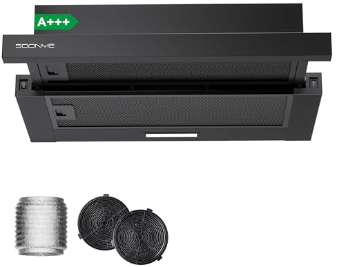 Soonye A+++ Flachschirmhaube Dunstabzugshaube 60cm, Flachschirmhaube Abluft/Umluft mit Aktivkohlefilter, 370 m³/h Luftstrom,LED-Beleuchtung,Schwarz Flach Abzugshaube 58dB