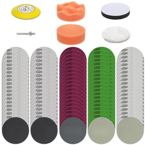 Hacaroa 106 Pcs 3 Inch Sanding Discs, Wet Dry Sandpaper Headlight Restoration Kit 800, 1000, 2000, 3000, 5000 Grit, Silicon Carbide Hook & Loop Sand Paper Drill Polishing Kit for Car, Wood, Metal