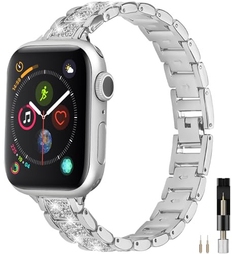 Miimall Compatible avec Bracelet Apple Watch 11, Femme Métal Cristal Strass iWatch Wristband, Glitter Diamant Remplacement Strap pour Apple Watch 49/46/45/44/42mm(S3 2 1), Argent