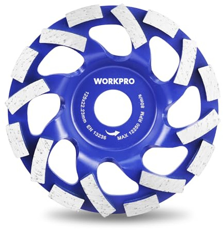 WORKPRO Diamant Schleiftopf 125 mm, Beton Schleifscheibe mit 16 Segmenten | 6 mm Segmenthöhe, Diamantschleiftopf für Stein, Beton, Mörtel und Granit, Winkelschleifer Schleifscheibe