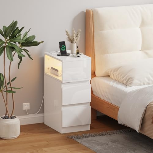 Menaka 25CM Led Light Narrow Bedside Table Drawers Cabinet with Charging (white, 2 drawers)