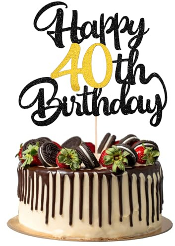 1 PCS 40th Happy Birthday Cake Topper, Black Gold Glitter 40th Birthday Decoration for Women Men, Cheers to 40 Years Cake Pick for Anniversary Party Supplies