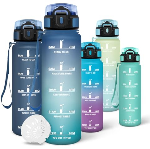 Motswedi Borraccia, 500 ml, borracce, Prova di Perdite, Borraccia Bambini, Senza BPA, Bottiglia Acqua, con Marcatori di Tempo - Blu & Verde