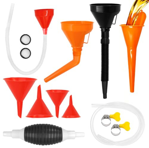 Vidoxdu Lot de 11 entonnoirs de remplissage en plastique pour voiture | Grand entonnoir de voiture avec pompe manuelle et tuyau flexible et bec amovible pour atelier, voiture, moto, maison