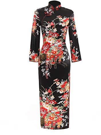 ACVIP dam tryck 3/4 ärm Qipao kinesisk traditionell klänning, Blommig svart, 42 SE