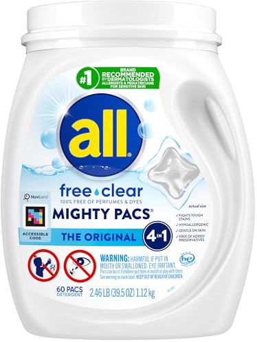 All Mighty Pacs Laundry Detergent, Free Clear for Sensitive Skin, Tub, 60 Count
