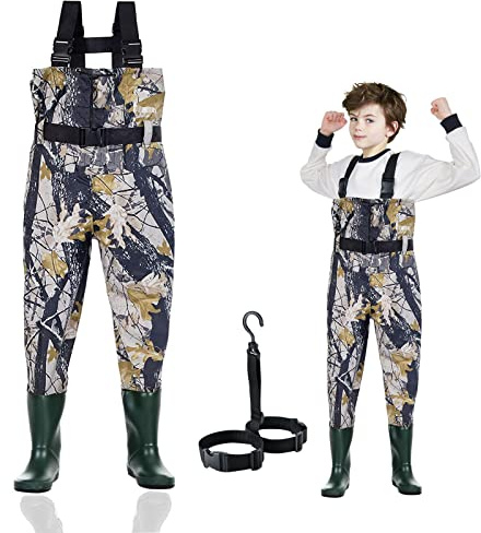 Ouzong Kids Chest Waders for Toddler Children Waterproof Youth Fishing Waders for Boys Girls Neoprene Hunting Waders with Insulated Boots(Camo,12-13T)