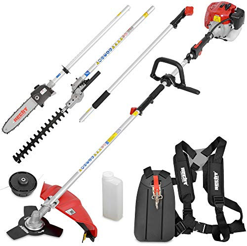 HECHT Hochwertiges 4 in 1 Benzin Multifunktionsgerät - Starke 2 PS - Freischneider, Rasentrimmer, Hochentaster und Heckenschere in Einem I Mit idealer Verlängerung