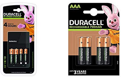 Duracell 4 Hours Battery Charger with 2 AA and 2 AAA & Rechargeable AAA 750 mAh Batteries, Pack of 4