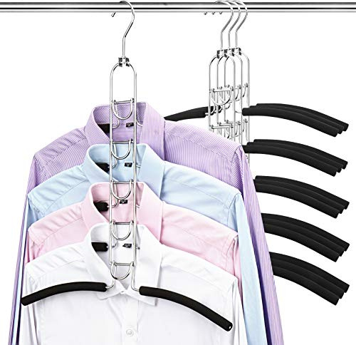 4 PACK Multi Layers Clothes Hangers- 5 in 1 Anti-slip Coat Hangers Sponge Metal Wardrobe Storage Rack Space Saving Organizer for Jacket Coat Sweater Trousers Shirt T-Shirt Hanger
