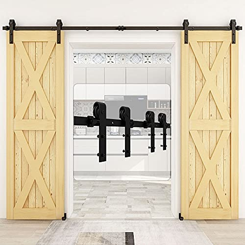 CCJH 14FT/427cm Schiebetürbeschlag Set Laufschienen für Schiebetür Hängeschiene Schiebetürsystem für Doppeltür Mit Einstellbar Bodenführung