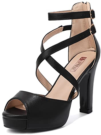 IDIFU Women's IN4 Platform Heels Strappy Chunky Heels for Women Dressy Peep Toe High Heels for Women Bridal Wedding Shoes for Bride On Evening Prom(Black Pu, 7.5 M US)