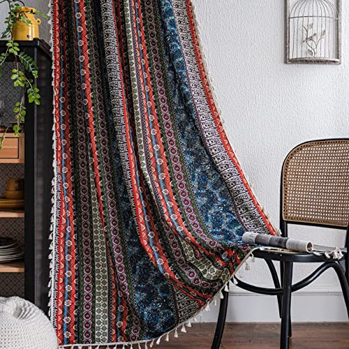 USTIDE Bohemian Striped Ethnic Curtain Moroccan Geometric Aztec Curtains Indian Style Window Treatments with Tassels Decor Rod Pocket Half Shade Curtain 63 Inches Long