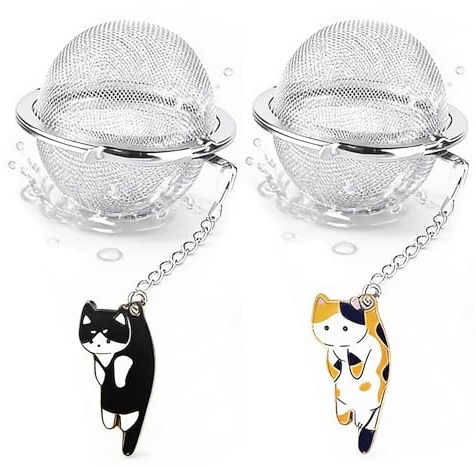 Cat Tea Infuser, 2 Pcs Cute Tea Diffuser Stainless Steel Mesh Loose Leaf Tea Infusers Tea Ball Strainers with Cat Pendants (Black&Orange Cats)